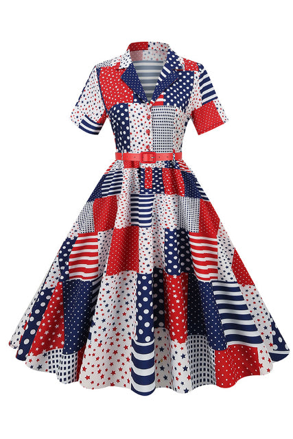 6 Style National Flag Lapel A-line Vintage Dress