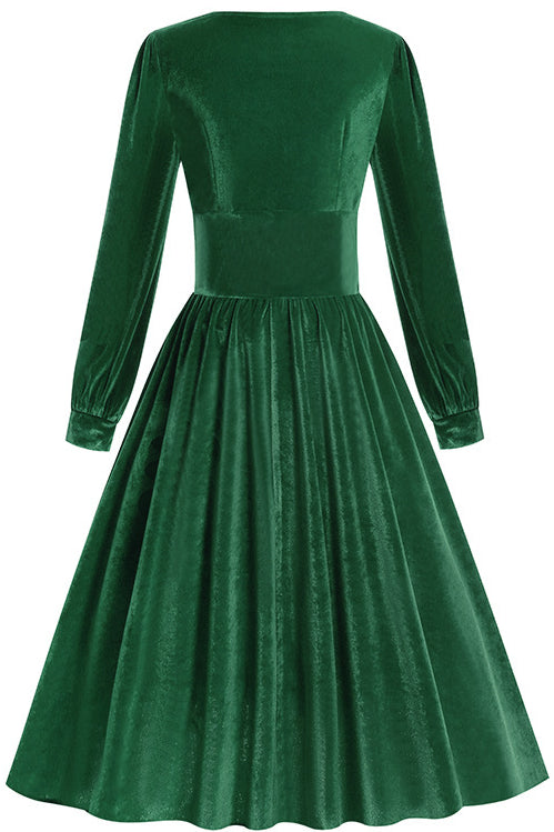 Green Velvet Long Sleeves Square Neck A-line Vintage Dress