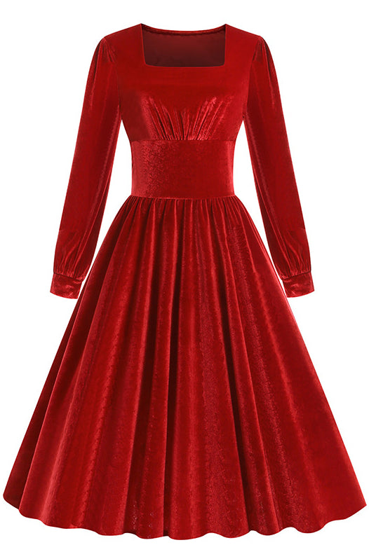 Red Velvet Long Sleeves Square Neck A-line Vintage Dress
