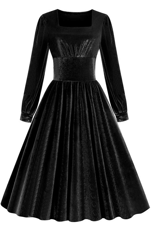Black Velvet Long Sleeves Square Neck A-line Vintage Dress