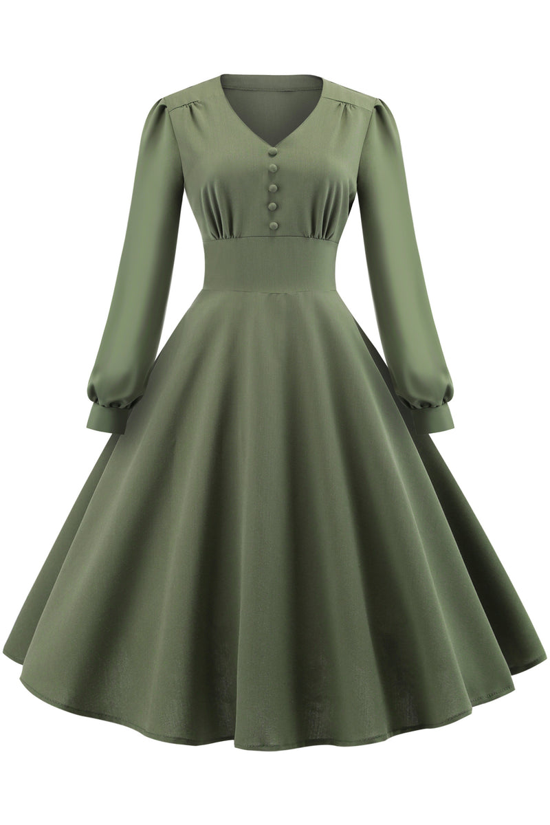 Dusty Sage Long Sleeves Buttons A-line Vinatge Dress