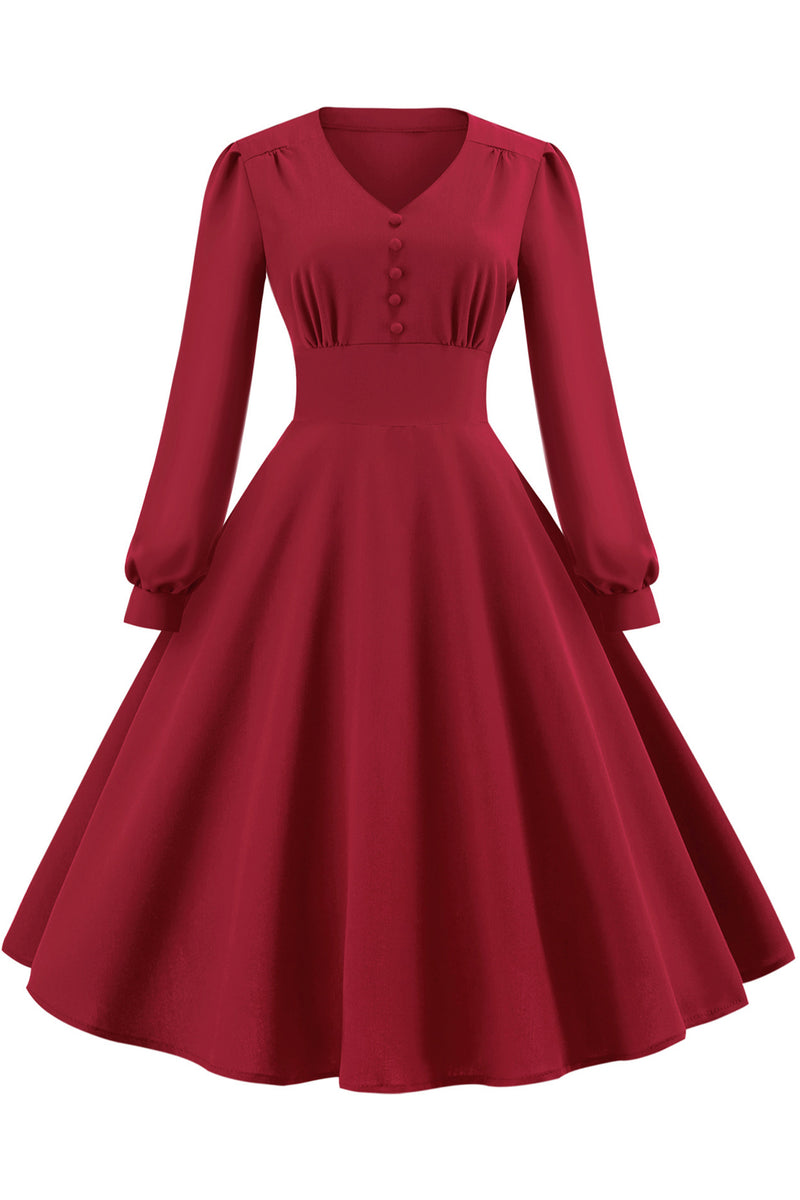 Red Long Sleeves Buttons A-line Vinatge Dress