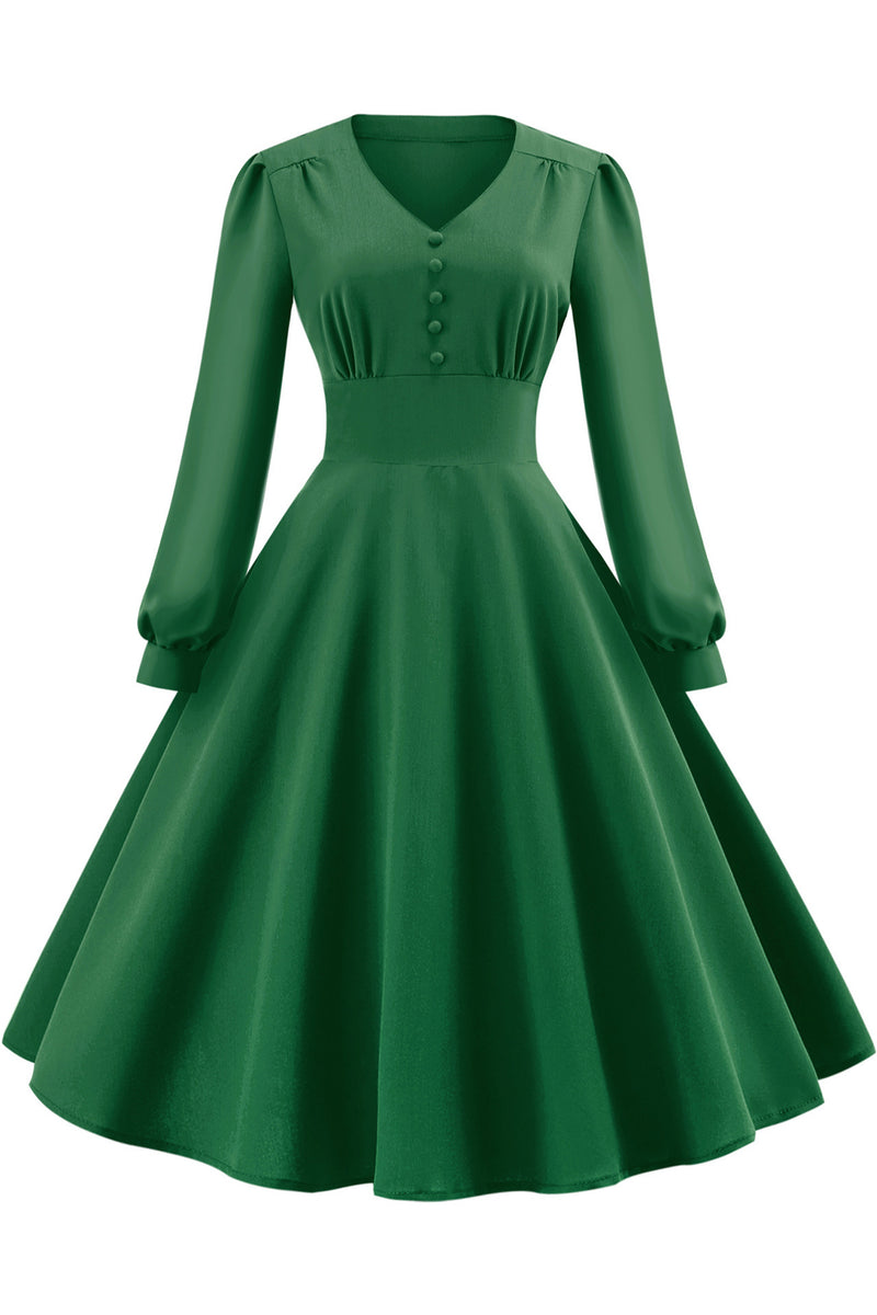 Green Long Sleeves Buttons A-line Vinatge Dress