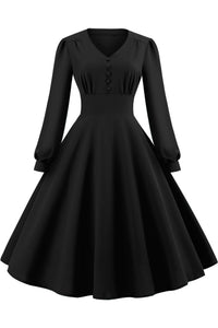 Black Long Sleeves Buttons A-line Vinatge Dress