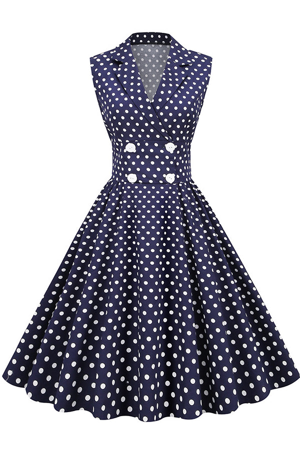 Dark Navy Lapel Dotted Sleeveless A-line Vintage Dress