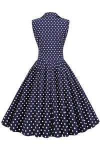 Dark Navy Lapel Dotted Sleeveless A-line Vintage Dress