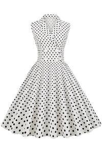 White Lapel Dotted Sleeveless A-line Vintage Dress