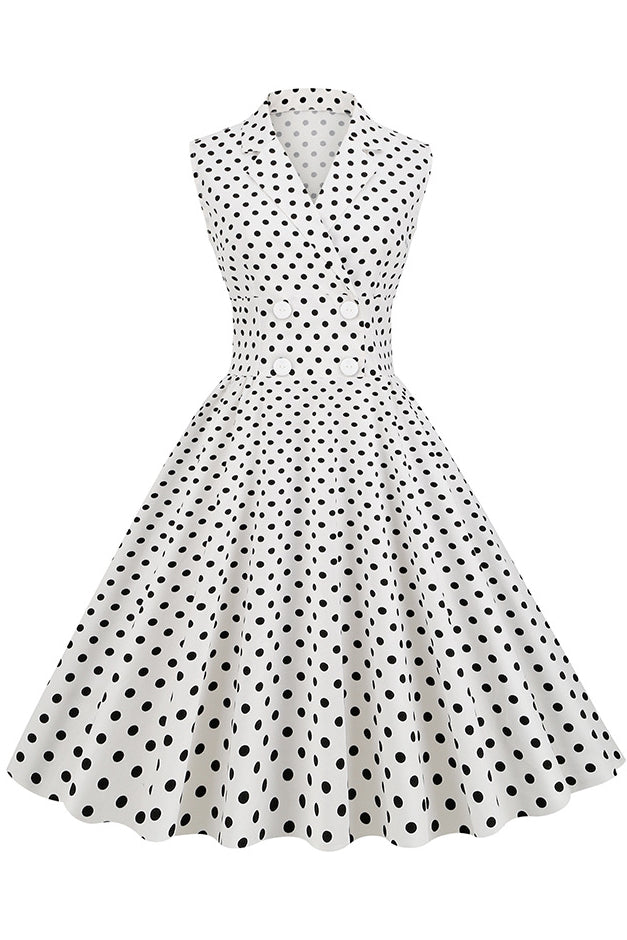 White Lapel Dotted Sleeveless A-line Vintage Dress