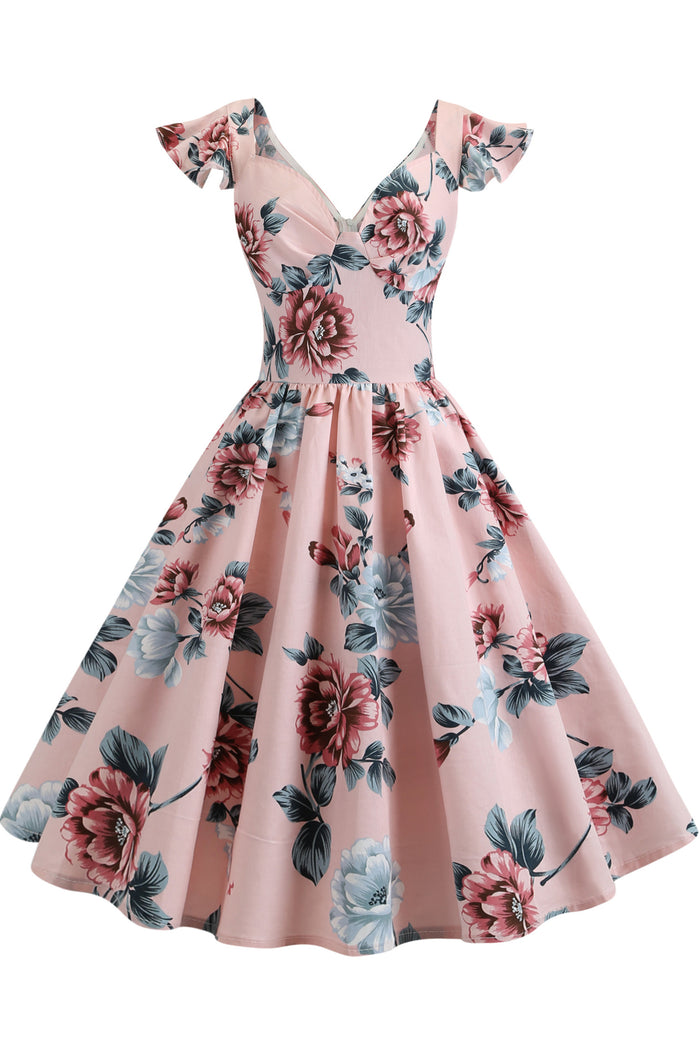 Pink Floral Flutter Sleeves A-line Vintage Dress