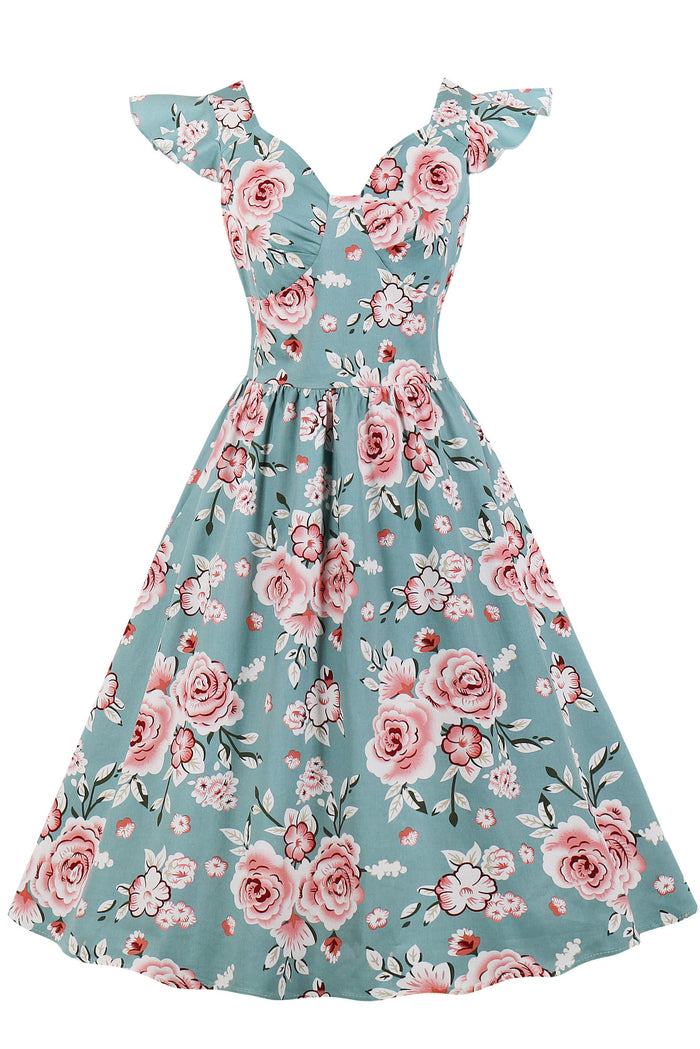 Blue Floral Flutter Sleeves A-line Vintage Dress