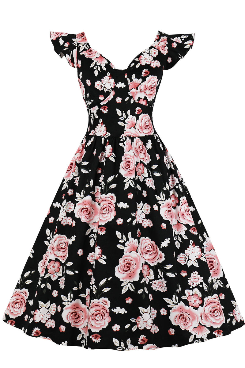 Black Floral Flutter Sleeves A-line Vintage Dress