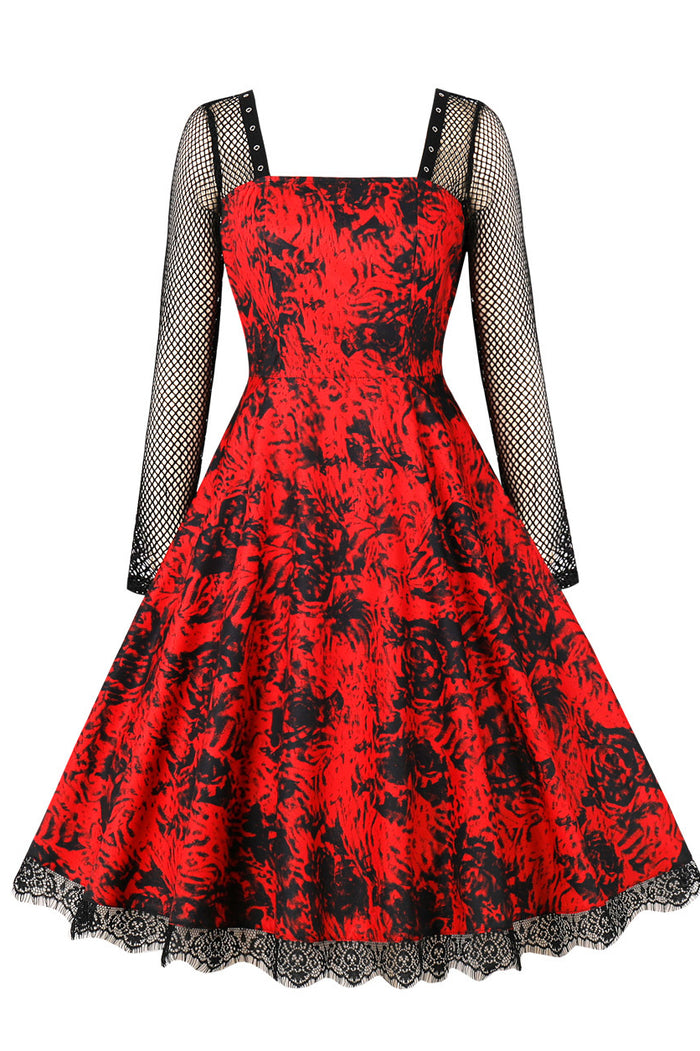 Red Halloween Lace Long Sleeves Black Rose Vintage Dress