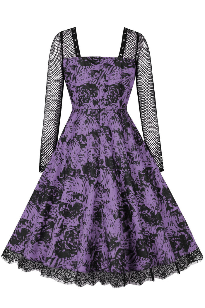 Lavender Halloween Lace Long Sleeves Black Rose Vintage Dress