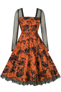 Orange Halloween Lace Long Sleeves Black Rose Vintage Dress