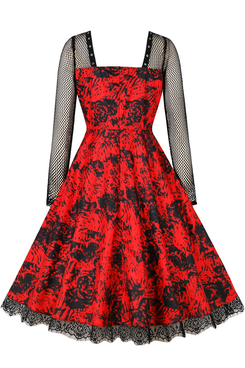 Red Halloween Lace Long Sleeves Black Rose Vintage Dress