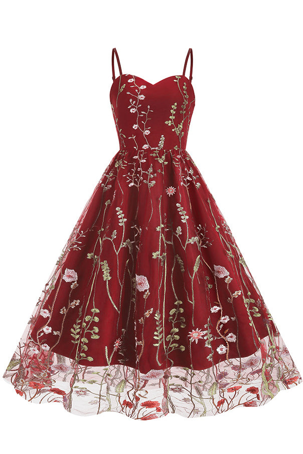 Red Spaghetti Straps Embroidery A-line Vintage Dress