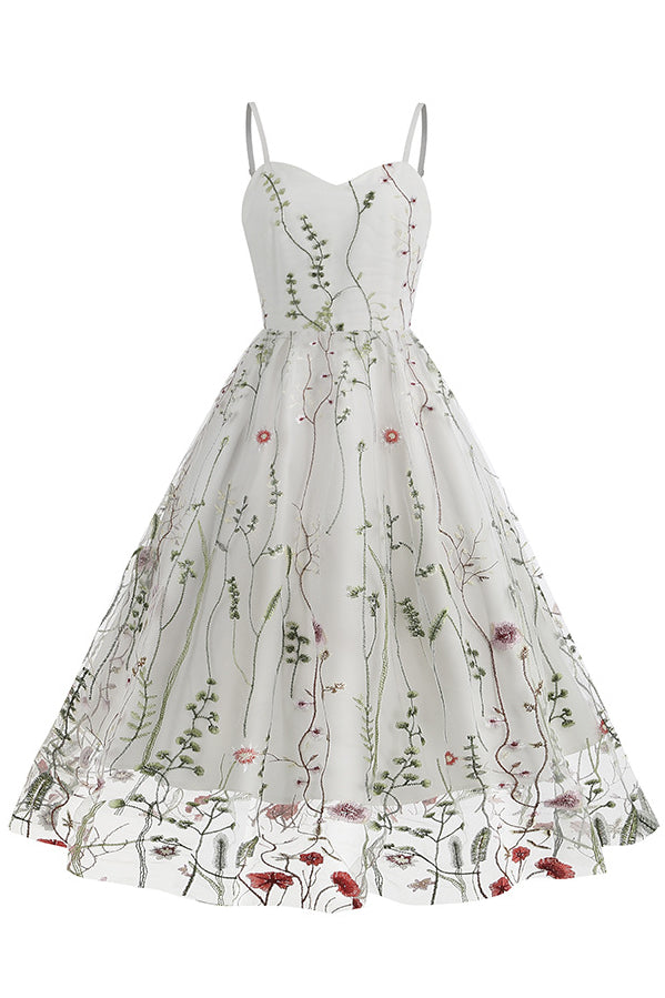White Spaghetti Straps Embroidery A-line Vintage Dress