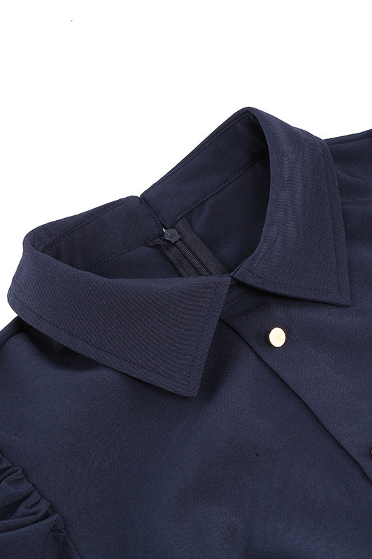 Dark Navy Long Sleeves Shirt Collar A-line Vintage Dress with Belt