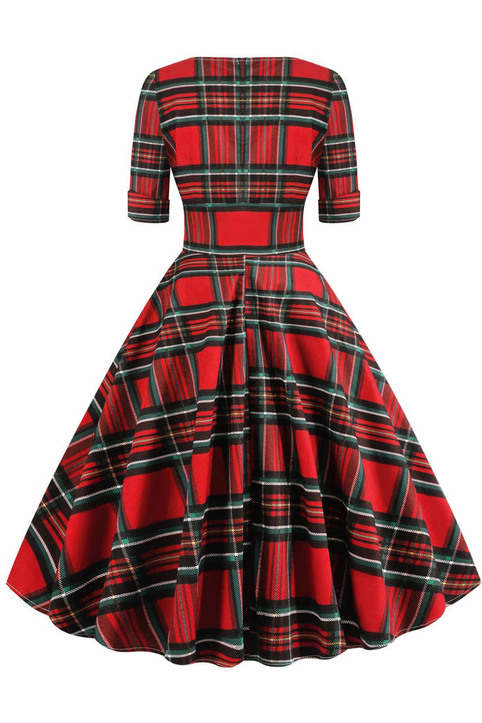 Red Surplice A-line Vinatge Dress with Green Plaid