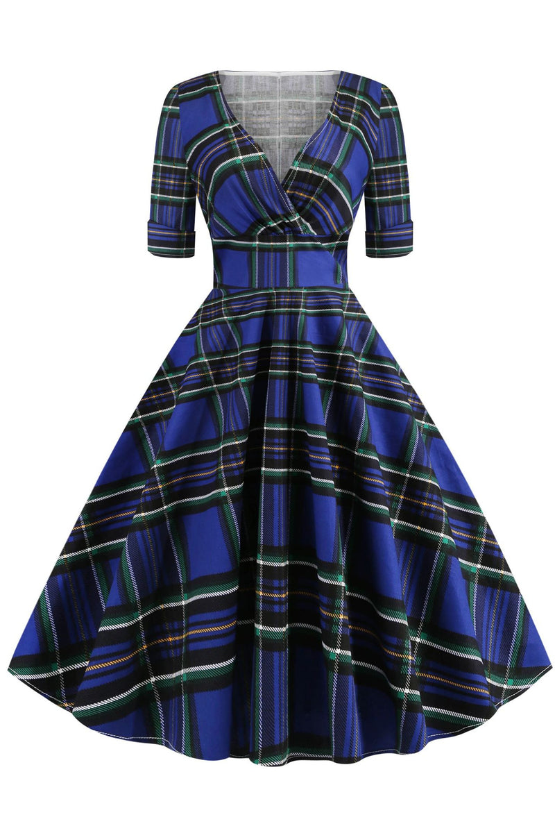 Blue Surplice A-line Vinatge Dress with Green Plaid