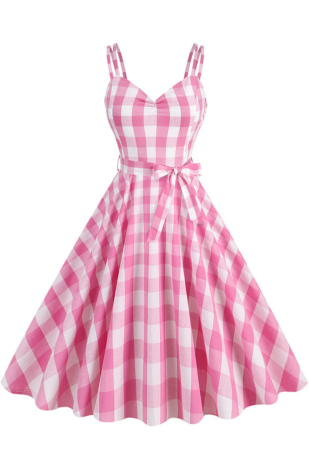 Pink Spaghetti Straps Plaid A-line Vintage Dress