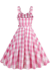 Pink Spaghetti Straps Plaid A-line Vintage Dress