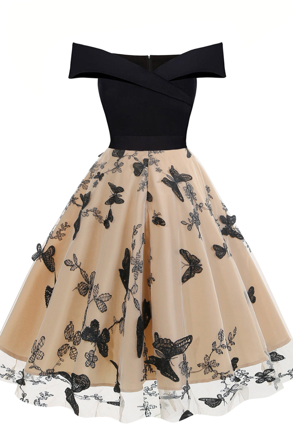 Apricot A-line Off-Shoulder Butterfly Vintage Dress