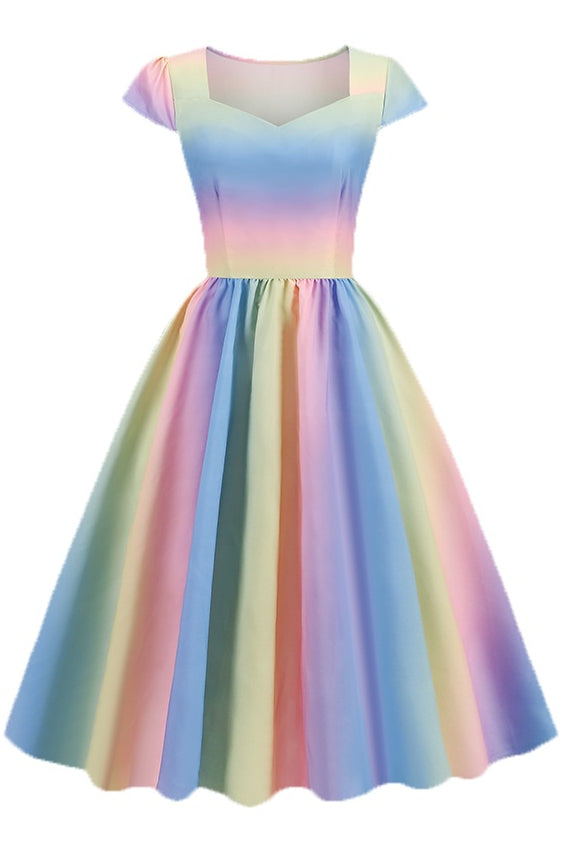 Rainbow Cap Sleeves A-line Vintage Dress