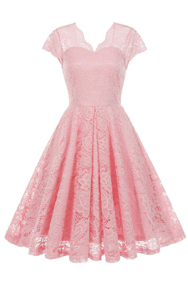 Pink Lace Illusion Neck A-line Vintage Dress
