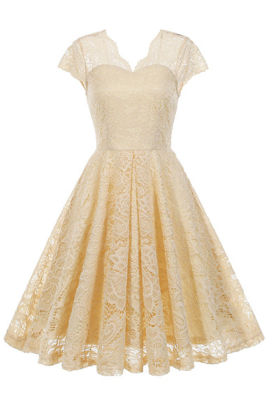Apricot Lace Illusion Neck A-line Vintage Dress