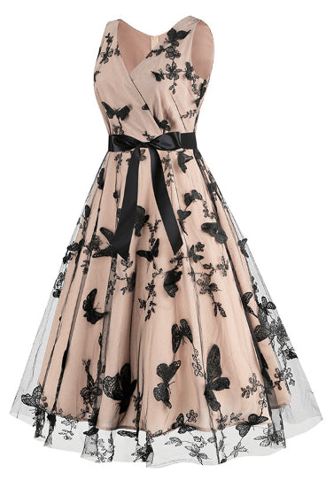 Apricot Sleeveless Surplice A-line Butterfly Vintage Dress with Sash