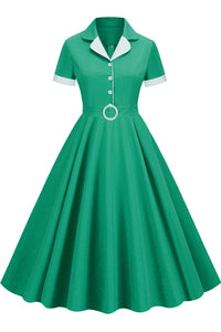 Herbene Green Shirt Collar A-line Dress