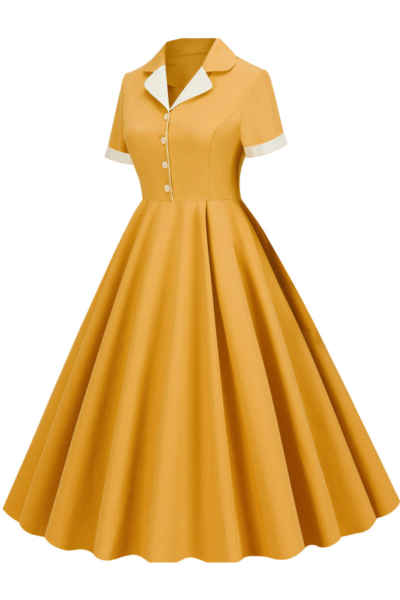 Herbene Yellow Shirt Collar A-line Dress