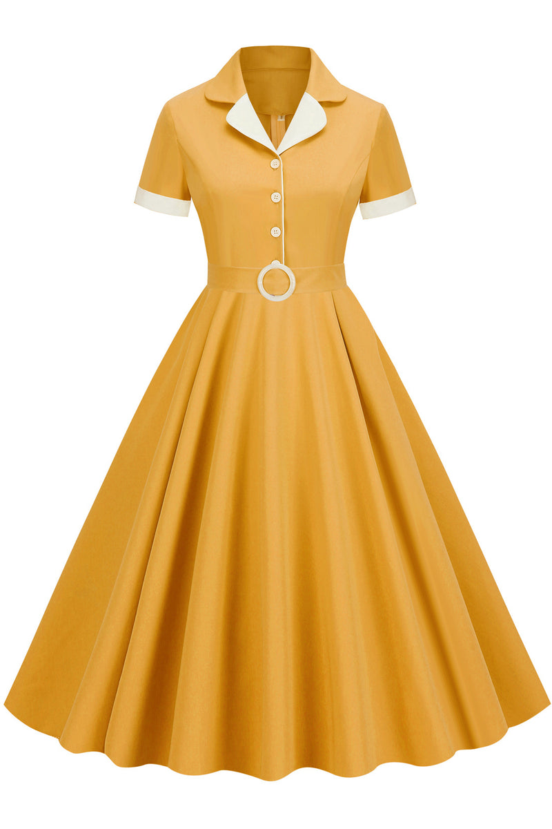 Herbene Yellow Shirt Collar A-line Dress