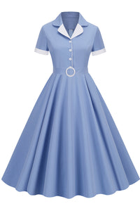 Herbene Blue Shirt Collar A-line Dress