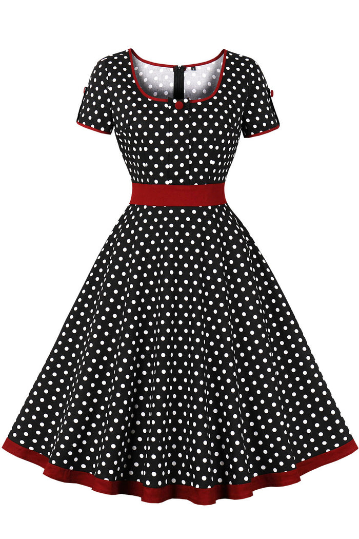 Black Dot A-line Short Sleeves Vintage Dress