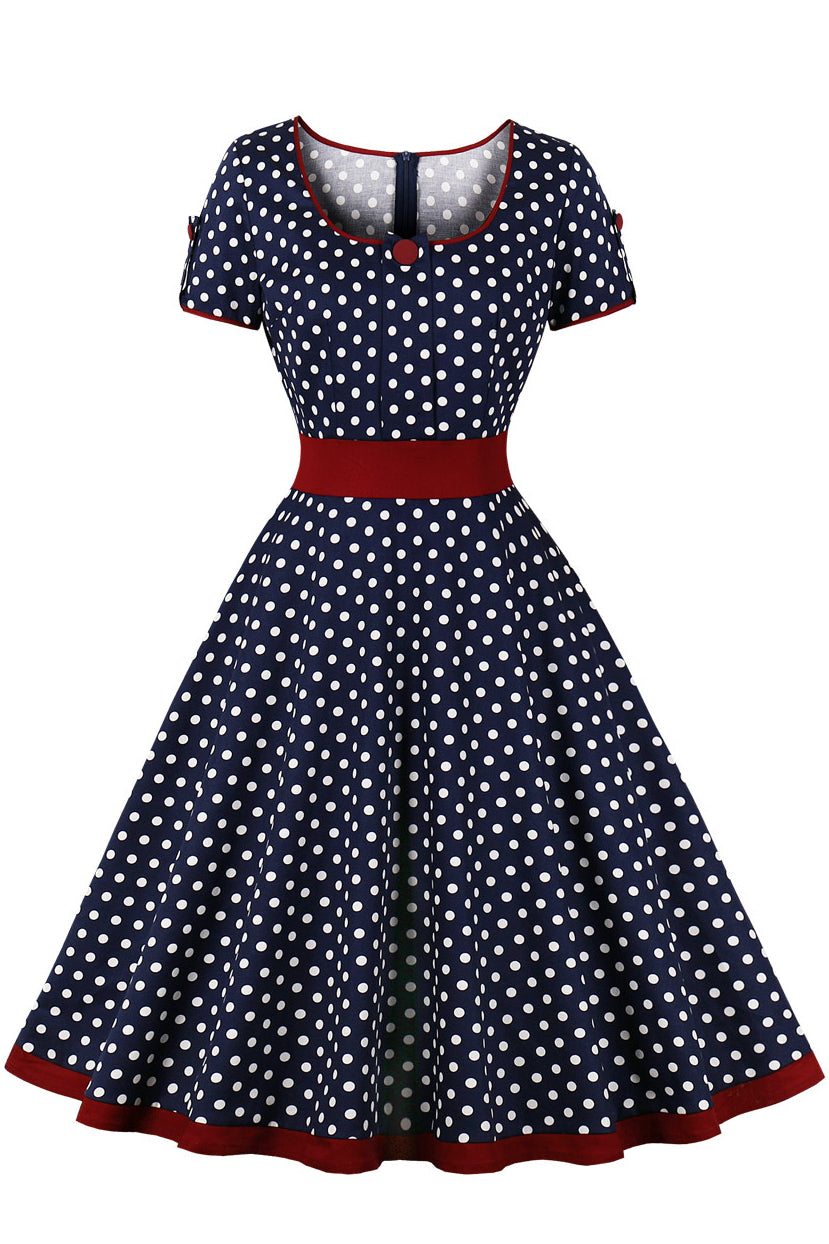 Dark Navy Dot A-line Short Sleeves Vintage Dress