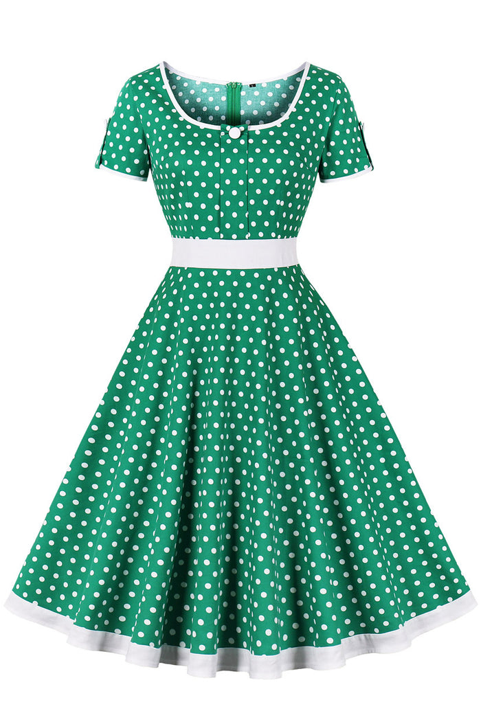 Green Dot A-line Short Sleeves Vintage Dress
