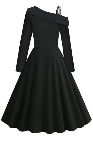 Black Plaid A-line Asymmetrical Neck Long Sleeves Vintage Dress