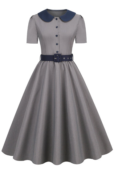 Grey Doll Collar A-line Vintage Dress with Belt