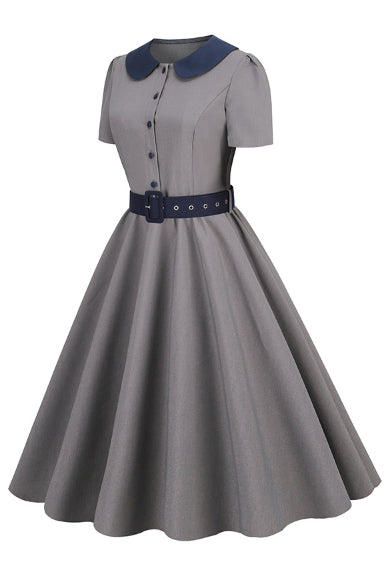 Grey Doll Collar A-line Vintage Dress with Belt