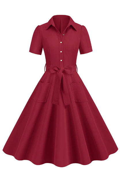 Wine Red Shirt Collar A-line Vintage Dress with Sash