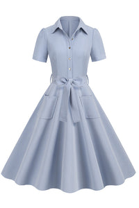 Light Blue  Shirt Collar A-line Vintage Dress with Sash
