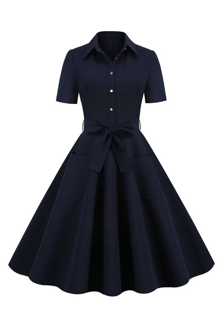 Dark Navy Shirt Collar A-line Vintage Dress with Sash