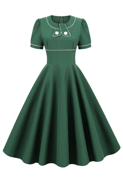 Green Short Sleeves A-line Vintage Dress