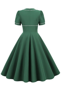 Green Short Sleeves A-line Vintage Dress
