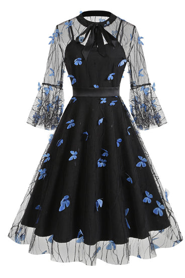 Black Illusion Neck Bell Sleeves A-line Vintage Dress with Butterfly