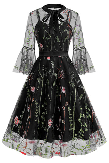 Black Illusion Neck Bell Sleeves A-line Vintage Dress with Floral 