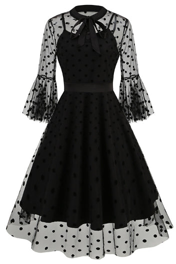 Black Illusion Neck Bell Sleeves A-line Vintage Dress with Dot