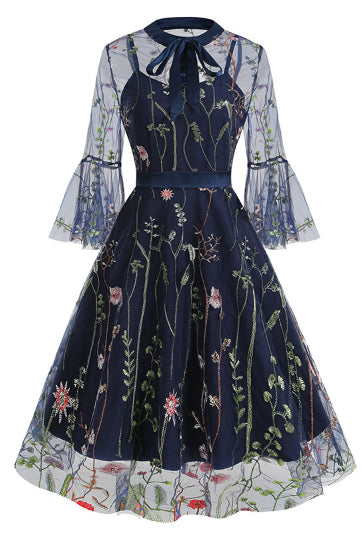Dark Nacy Illusion Neck Bell Sleeves A-line Vintage Dress with Floral 